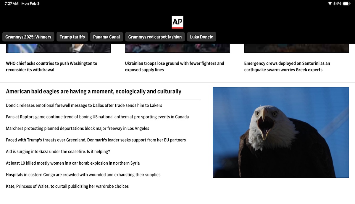 Screen shot of AP News app, featuring story on bald eagles' comeback.