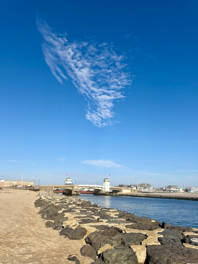 A puffy cloud in a deep blue sky hangs over the Shark River Inlet, with a highway bridge in the background.